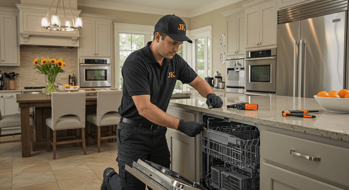 Professional dishwasher technician with toolbox ready to repair your dishwasher
